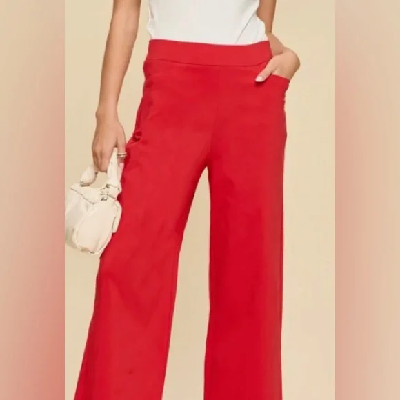 RED HIGH-RISE RAYON BLEND WIDE LEG CROPPED PANTS: Size Small - Picture 2 of 7